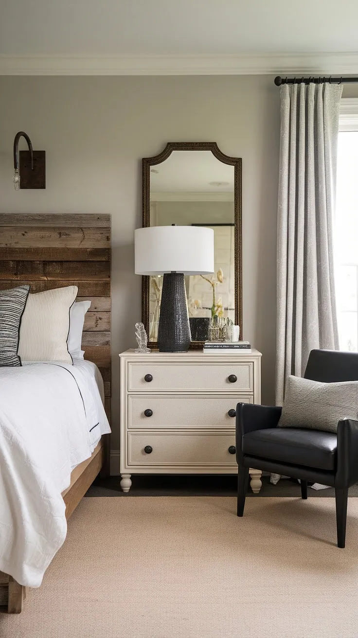 This modern transitional bedroom effortlessly blends rustic charm with chic sophistication. The warm wood headboard contrasts beautifully with the crisp white bedding and light gray walls, creating a serene and inviting atmosphere. A perfect sanctuary for restful nights.