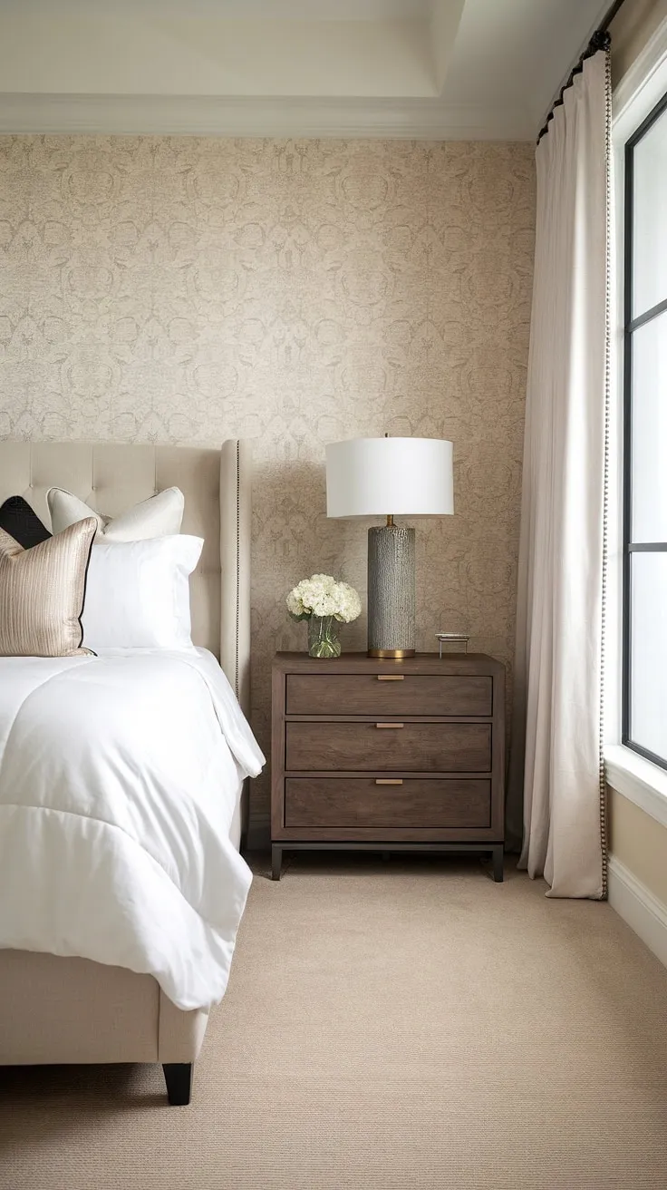 Wake up to understated elegance in this tranquil bedroom. The soft beige wallpaper, plush carpet, and natural light create a serene atmosphere perfect for restful nights and rejuvenating mornings. A testament to sophisticated simplicity.