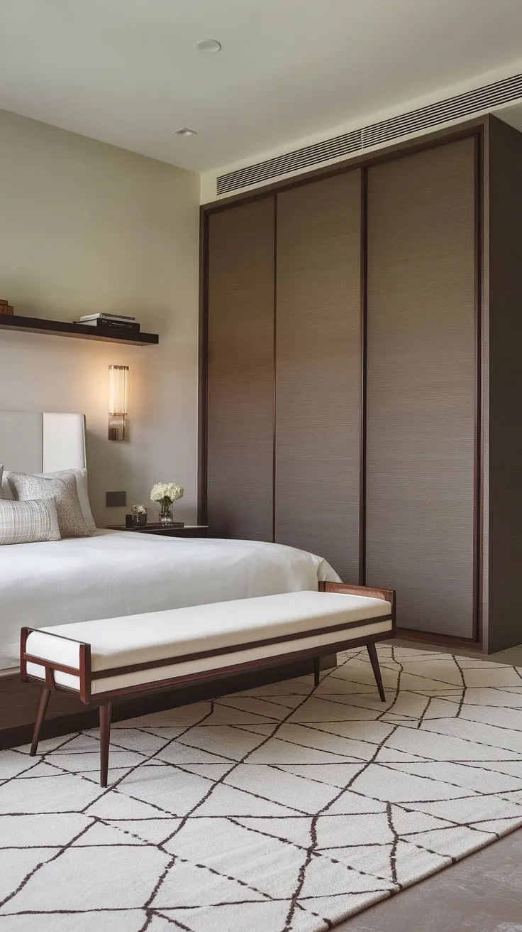 Wake up to understated elegance in this modern transitional bedroom. The dark wood platform bed, complemented by a geometric rug and sleek wardrobe, creates a sophisticated sanctuary. A perfect blend of comfort and style for a restful night's sleep.