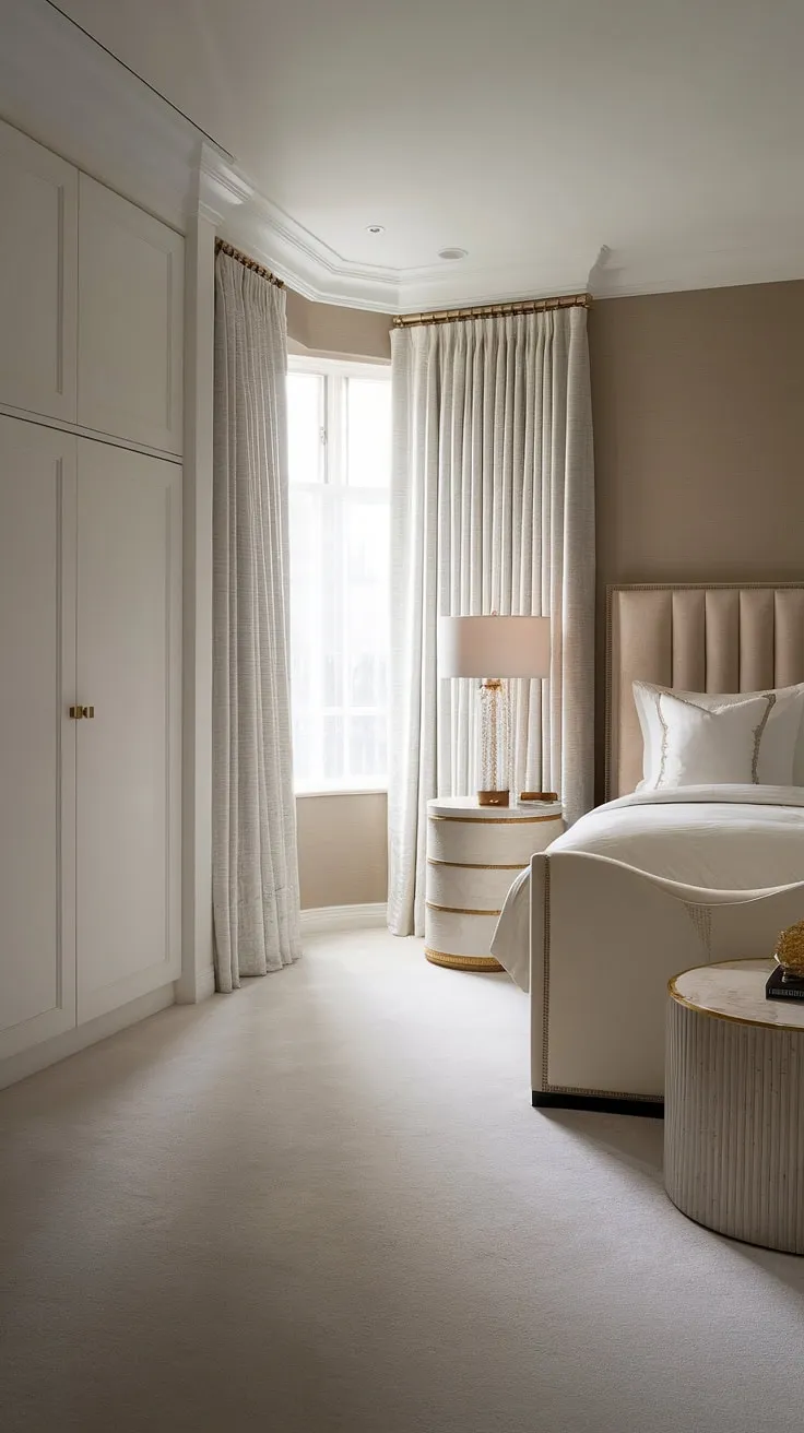 Indulge in the serenity of this exquisitely designed bedroom. The spacious layout, luxurious white carpet, and calming color palette create an atmosphere of pure relaxation. Every detail, from the elegant headboard to the carefully chosen lighting, contributes to a haven of understated luxury and refined style.