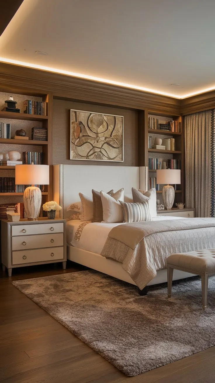 Escape to this sanctuary of calm. The king-size bed, nestled on a plush rug and surrounded by warm lighting, promises restful nights. The transitional design seamlessly blends modern minimalism with the comforting warmth of traditional elements, creating a sophisticated and inviting bedroom retreat. A thoughtfully designed bookshelf adds personality and depth to this luxurious space.