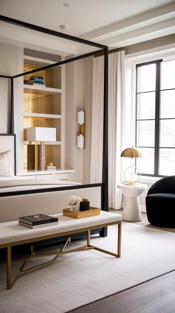 Indulge in the serene elegance of this modern transitional bedroom. The sophisticated interplay of black and gold accents against a neutral backdrop creates a haven of calm and luxury, perfectly complemented by the plush king-size bed and thoughtful details. A sanctuary designed for restful nights and stylish mornings.