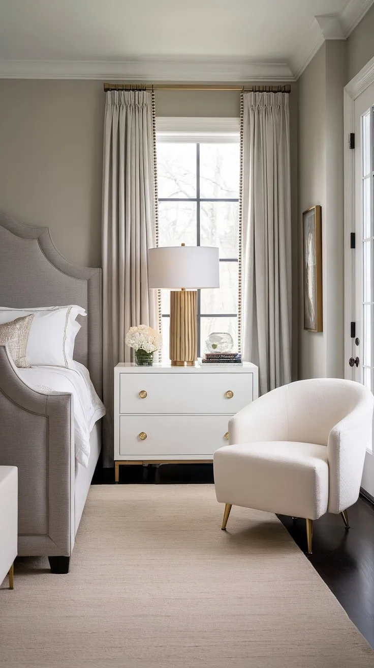 Indulge in the serene elegance of this modern transitional bedroom. The soft gray walls and plush gray upholstered bed create a calming sanctuary, while the gold accents and white furniture add a touch of luxurious sophistication. A perfect blend of comfort and style.
