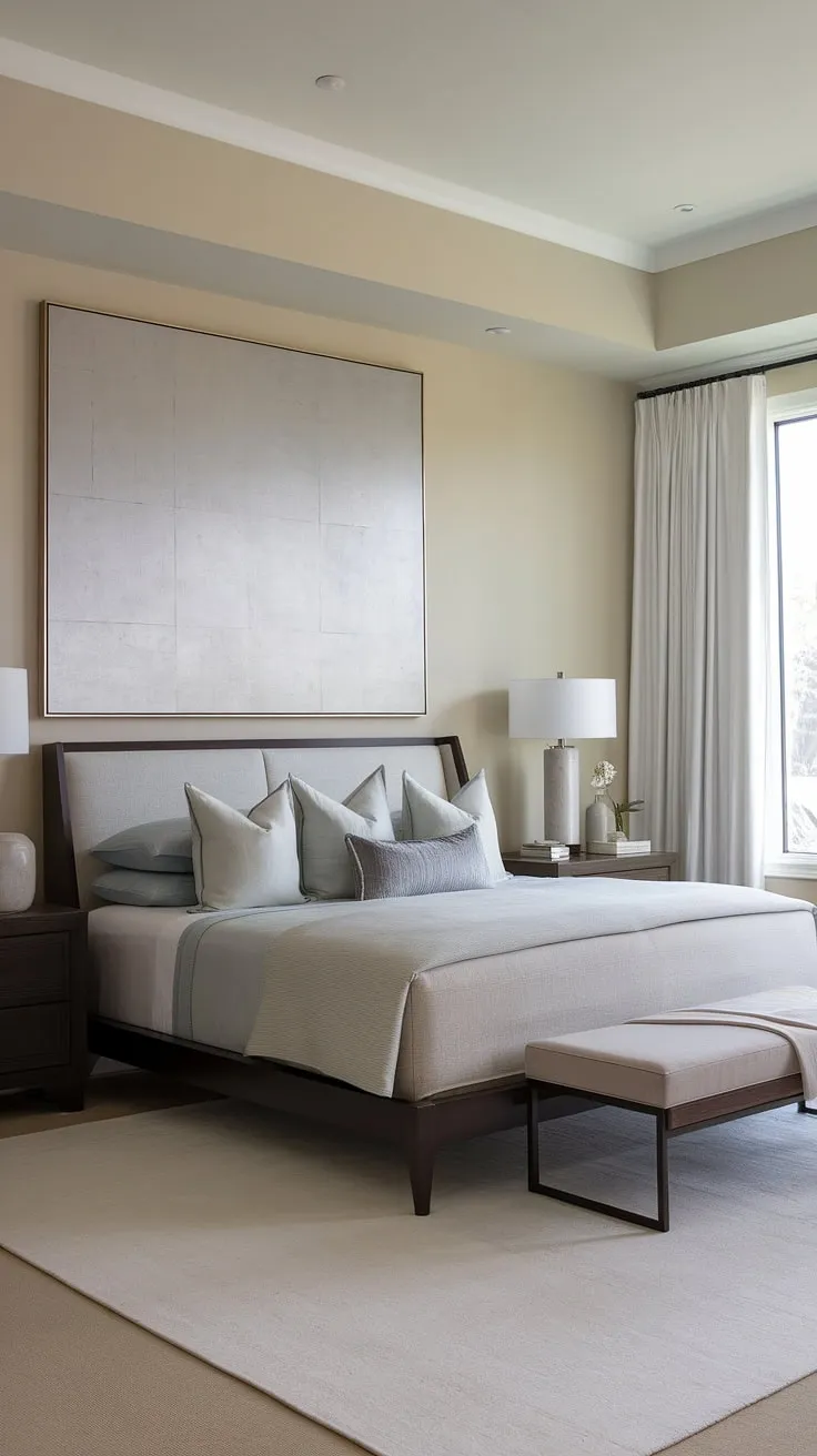 Wake up to serenity in this modern transitional bedroom. The calming neutral palette, accented by the rich dark wood and a striking abstract artwork, creates a sophisticated and restful atmosphere. A perfect blend of comfort and style.