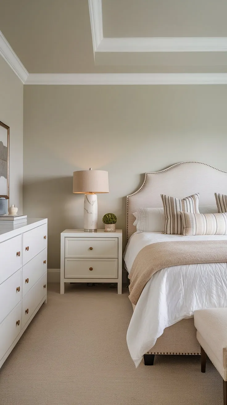 This bedroom effortlessly blends modern lines with transitional elegance. The calming beige and grey color scheme, complemented by the soft textures of the bedding and the understated elegance of the furniture, creates a space that is both stylish and supremely comfortable. A haven of tranquility.