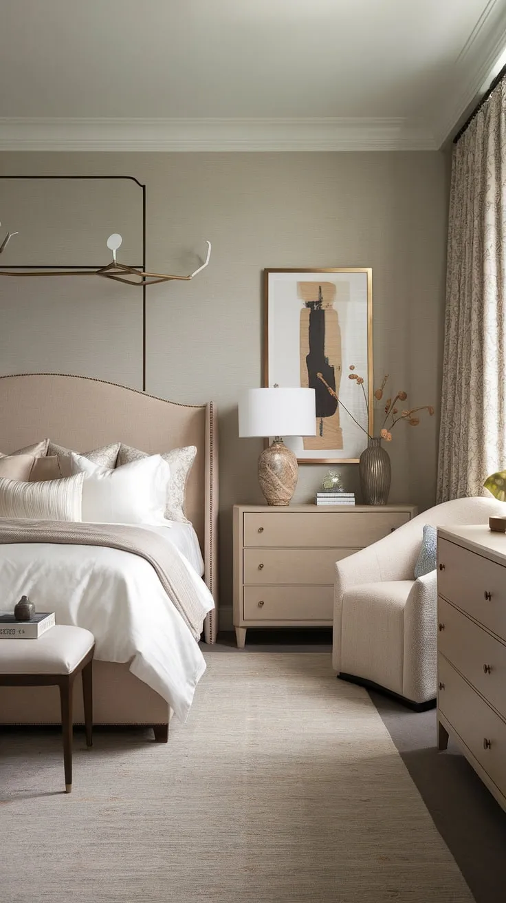 Escape to this luxurious bedroom, where understated elegance meets modern comfort. The neutral palette, punctuated by subtle textures and carefully chosen accents, fosters a sense of calm and tranquility. A space designed for relaxation and rejuvenation.