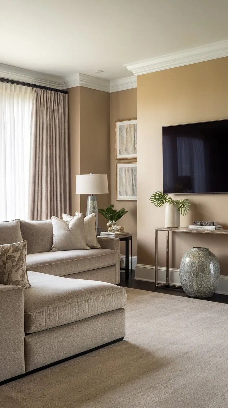 Escape to this chic and comfortable bedroom sanctuary. The neutral palette, luxurious grey sectional, and subtle pops of greenery create a serene atmosphere perfect for unwinding after a long day. Modern comfort redefined.