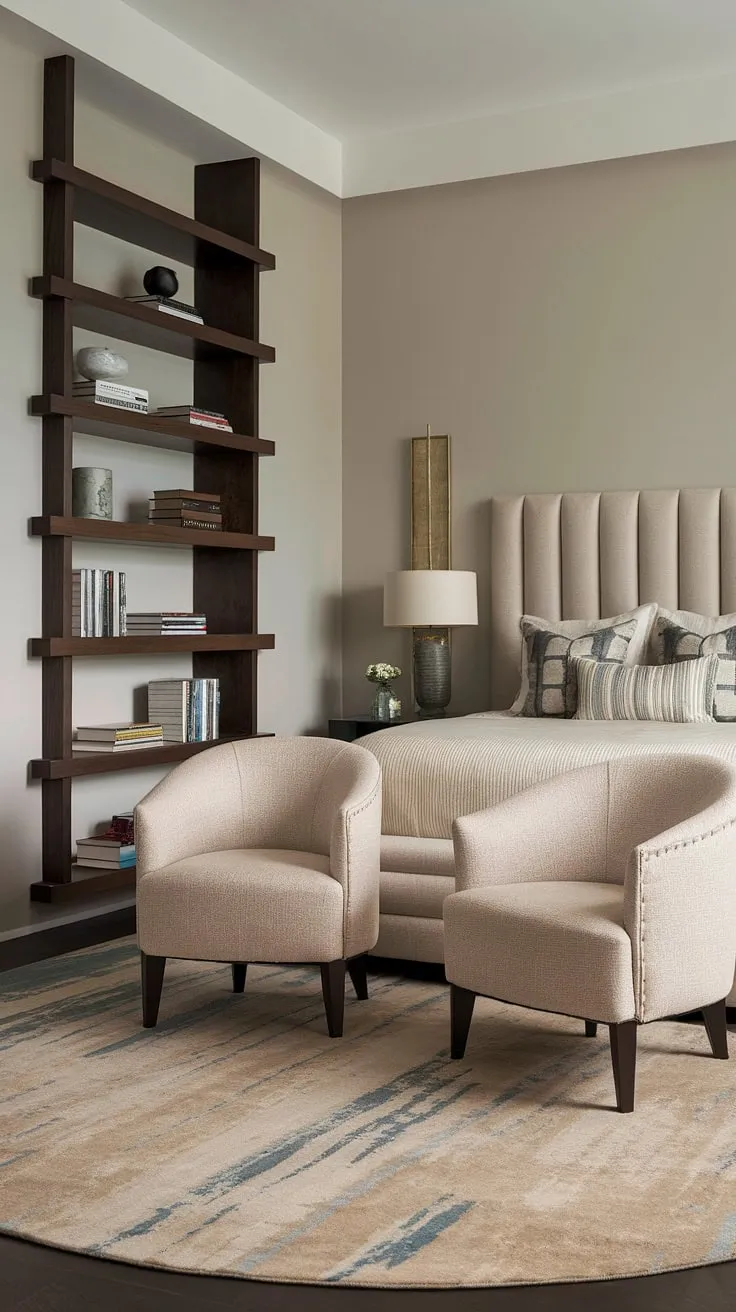 This modern transitional bedroom effortlessly blends comfort and chic design. The neutral palette, punctuated by the deep wood tones of the bookshelf, creates a sophisticated and inviting space, perfect for unwinding after a long day. A true testament to understated elegance.