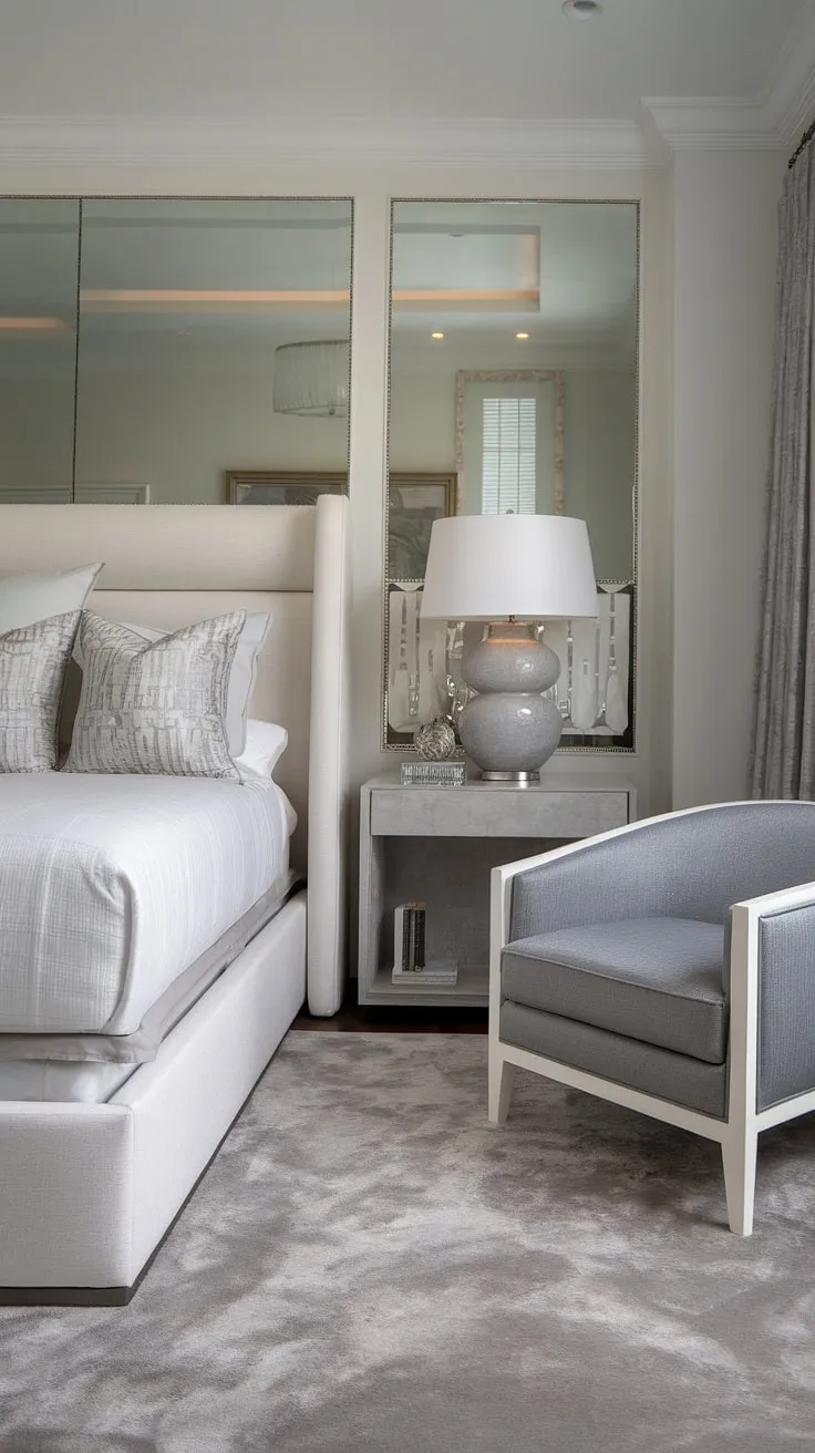 A sophisticated sleep haven. This bedroom's elegant simplicity, achieved through a cohesive grey and white scheme and luxurious textures, offers a tranquil escape at the end of the day. A space designed for ultimate relaxation.