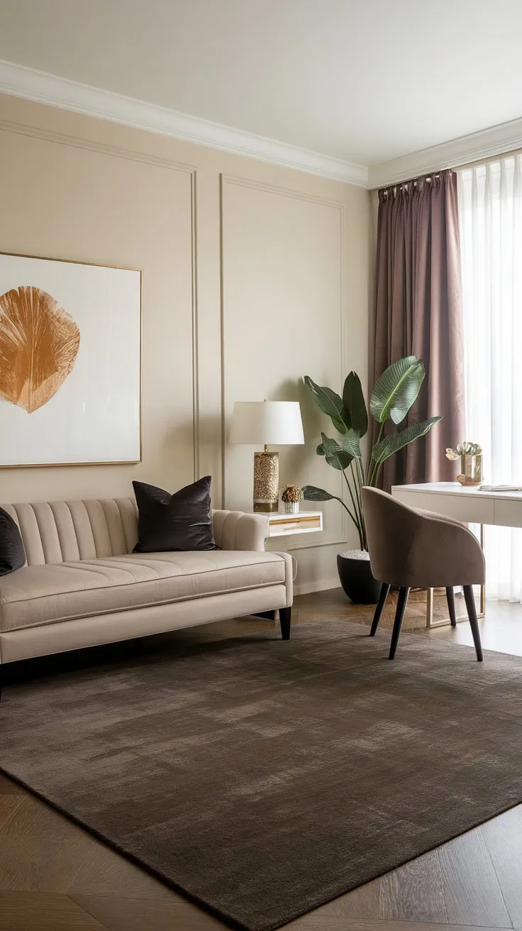 Serene sophistication meets modern comfort in this transitional bedroom. The calming beige sofa, paired with a chic grey accent chair and a minimalist workspace, creates a haven of tranquility and style. A plush dark grey rug anchors the space, adding warmth and texture.