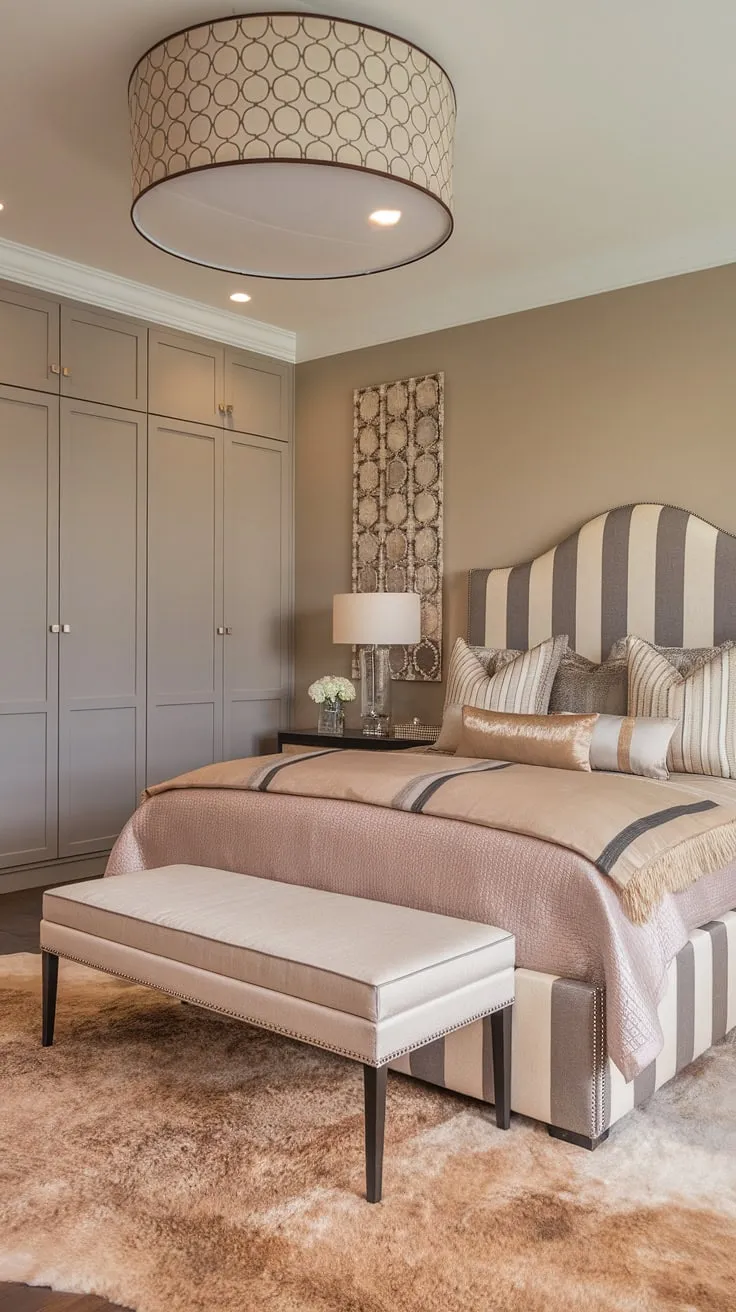 Indulge in the serene elegance of this modern transitional bedroom. The calming beige palette, complemented by the chic grey accents and luxurious textures, creates a sanctuary of sophisticated comfort. A perfect blend of style and tranquility awaits.