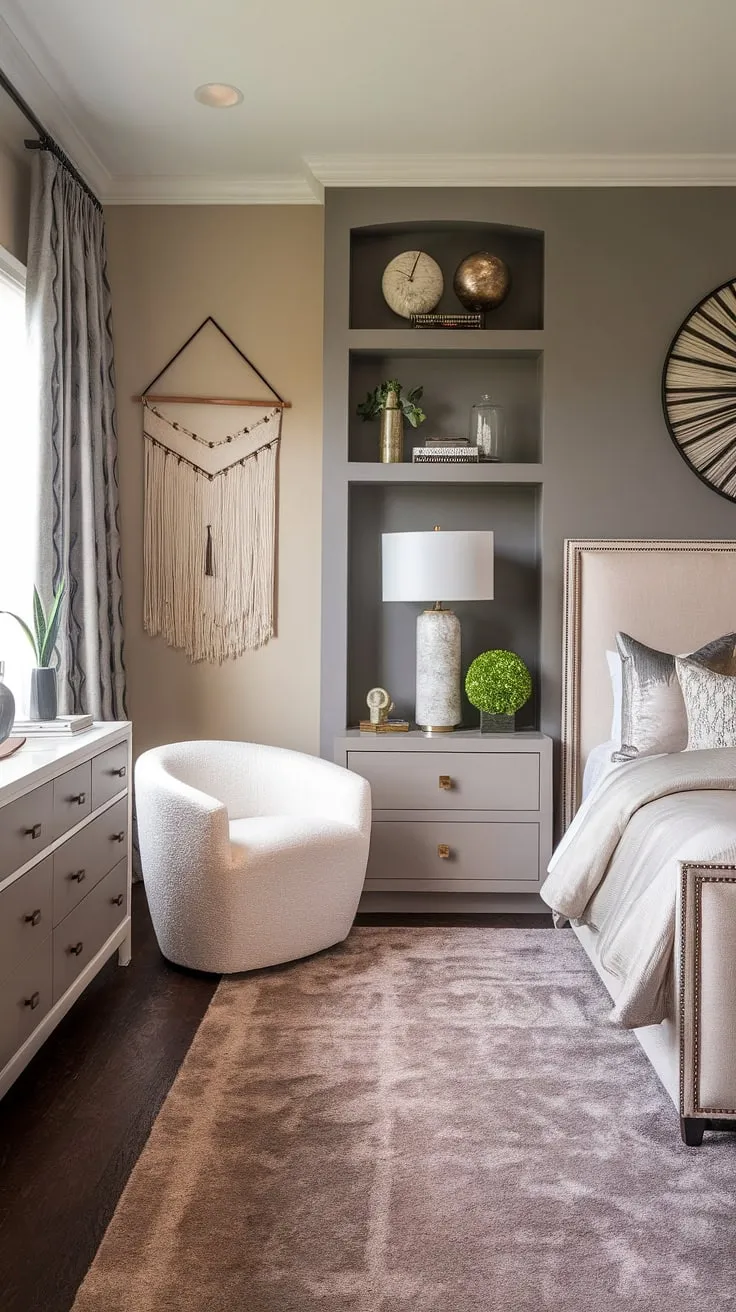 Indulge in the serene elegance of this modern transitional bedroom. The calming beige and grey palette, complemented by plush textures and thoughtful accents, creates a sanctuary of sophisticated comfort. A built-in shelf, showcasing a curated collection of objects, adds a touch of personalized luxury.