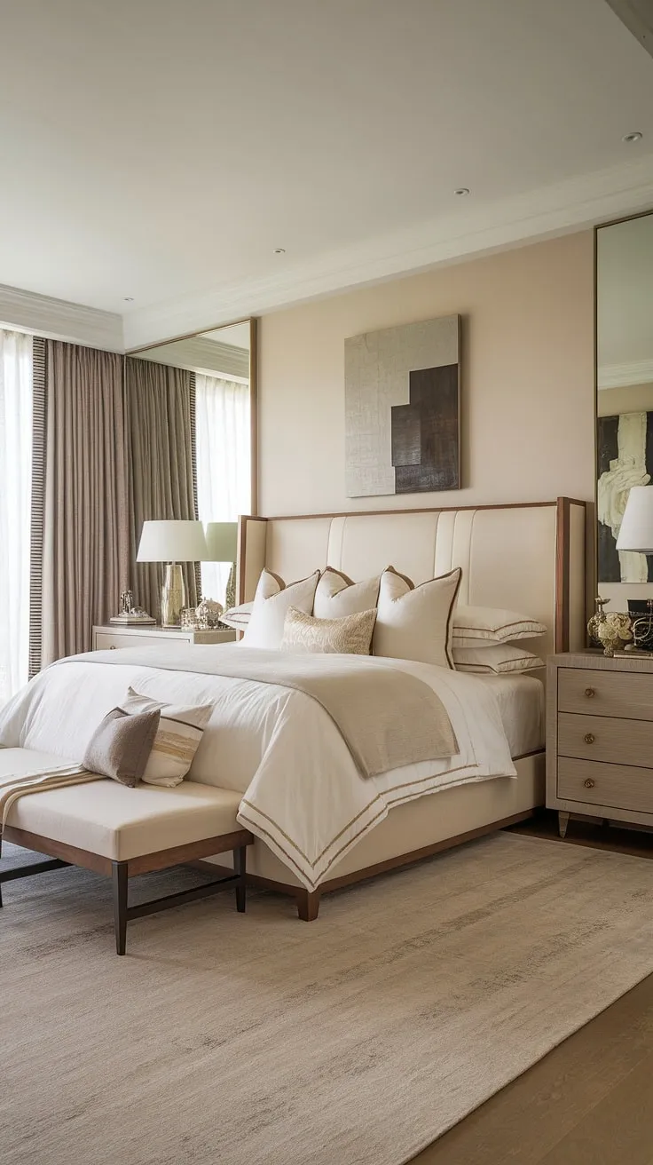 Indulge in the serene elegance of this modern transitional bedroom. The calming beige and white palette, accented with subtle pops of color, creates a sanctuary of sophisticated comfort. A luxurious haven for restful nights and peaceful mornings.