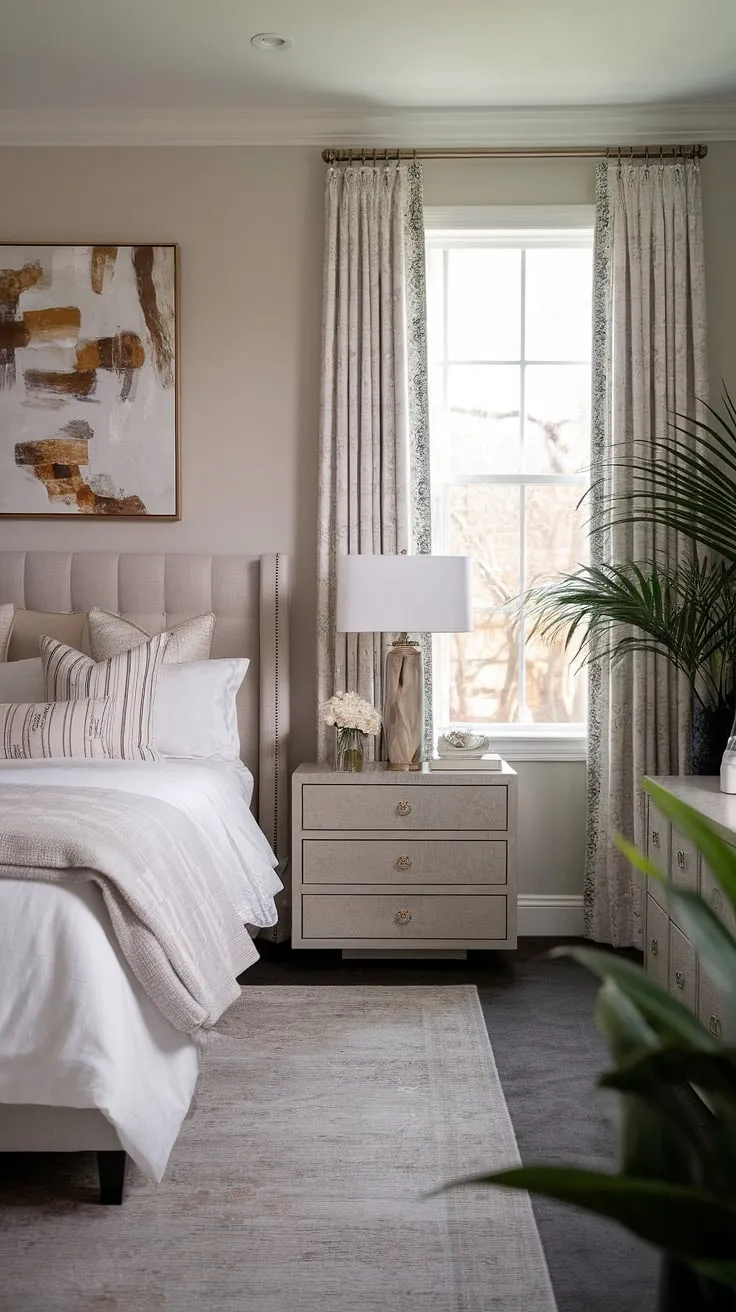 Indulge in the serenity of this modern transitional bedroom. The luxurious decor, plush king-sized bed, and soft lighting create a haven of comfort and elegance, perfectly complemented by the curated artwork and flourishing greenery. A sanctuary designed for restful nights and rejuvenating mornings.