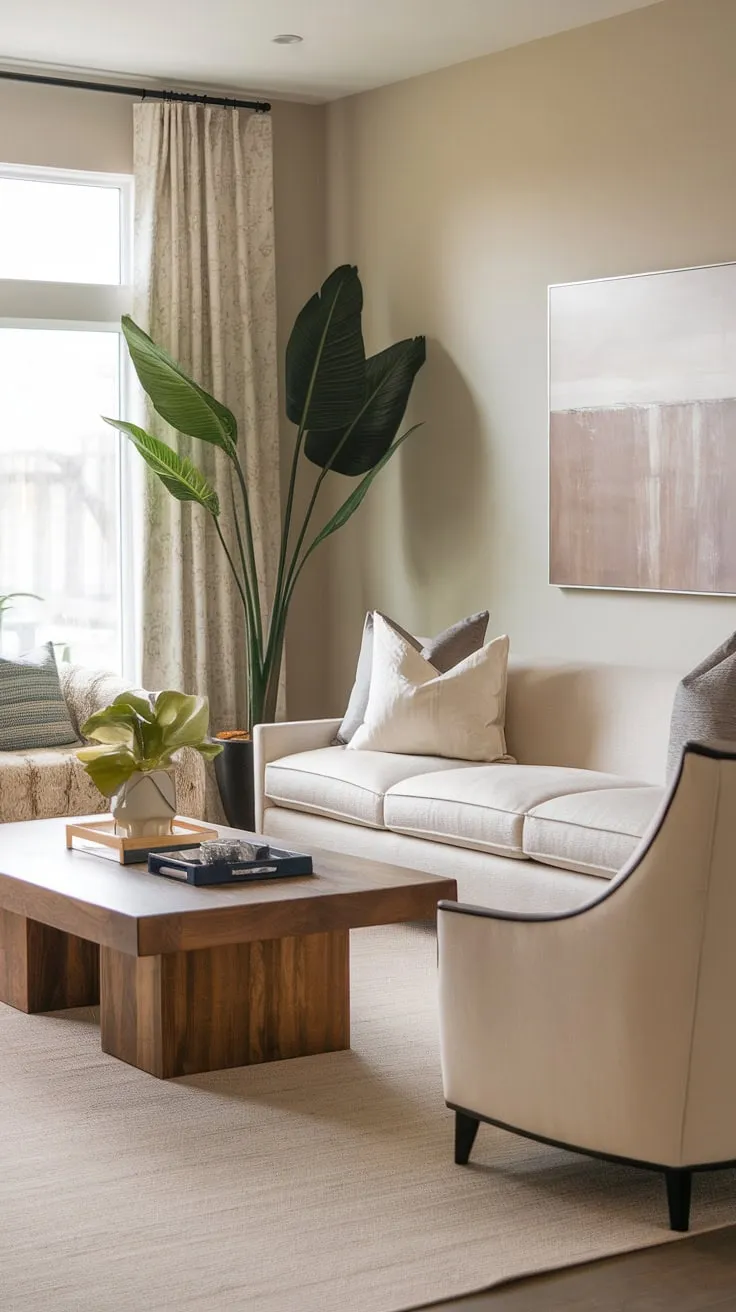 Neutral tones and natural light define this sophisticated living room. The beige sofa and cream chair offer comfortable seating, complemented by a stylish wooden coffee table. A lush green plant brings a vibrant touch to the space, creating a tranquil and inviting atmosphere. The perfect place to unwind and relax.