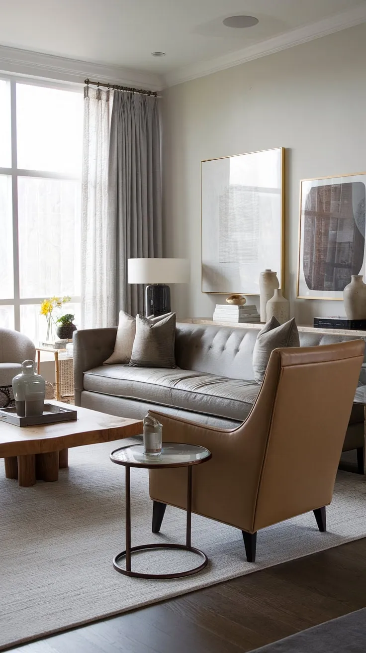 Relax and unwind in this sophisticated living room, where modern design meets comfortable elegance. The grey sofa and beige leather chair offer the perfect blend of style and comfort, complemented by the warm wood tones and soft textures. A calming space to reconnect and recharge.