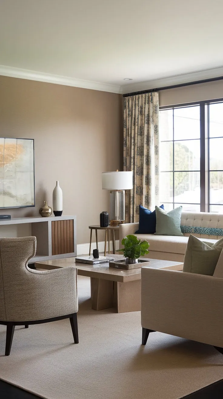 Relax and unwind in this serene living room, where neutral tones meet pops of vibrant color, creating a space that's both sophisticated and inviting. The carefully curated furniture arrangement, including a plush sofa and comfortable armchairs, ensures maximum comfort and style. A perfect blend of modern and transitional design elements makes this the ideal space for relaxation and entertaining.