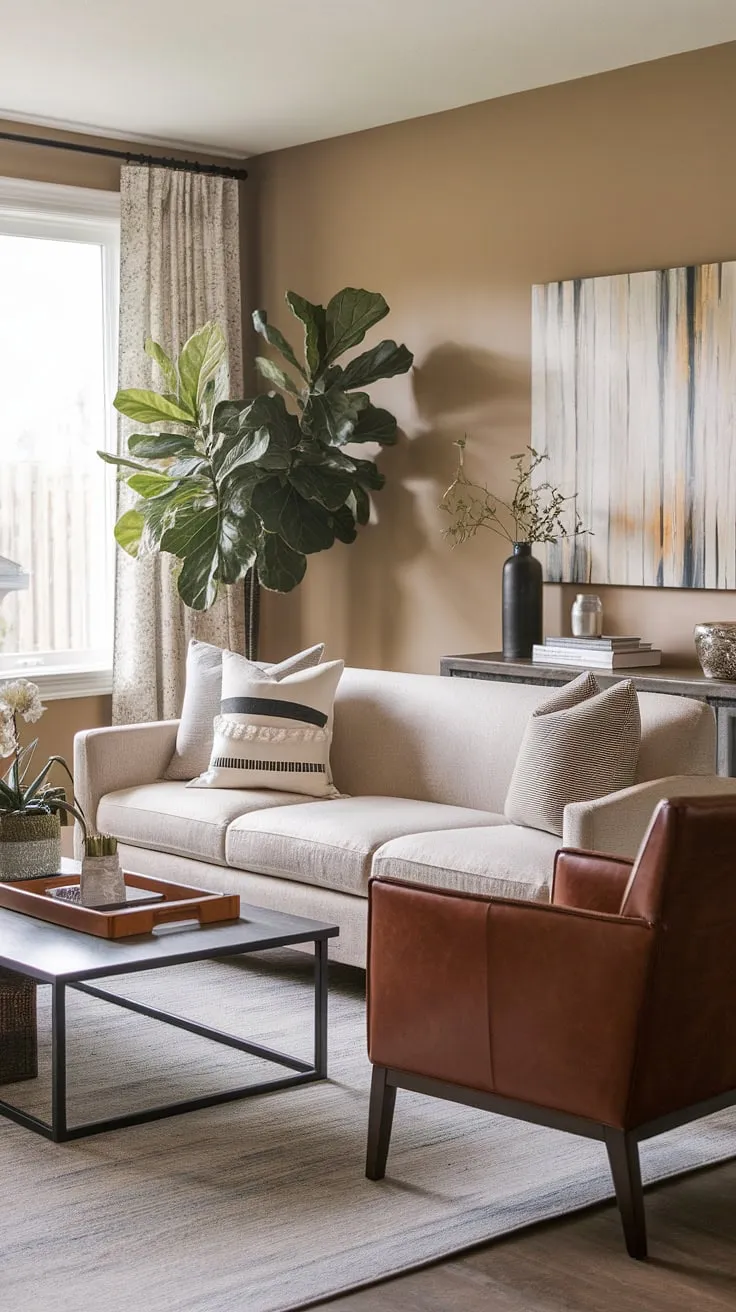 This modern transitional living room seamlessly blends comfort and style. The neutral color palette, anchored by a calming beige sofa and a sophisticated brown leather accent chair, creates a peaceful retreat. A statement plant adds a touch of organic texture, while carefully chosen decorative items complete the look. The result is a space that feels both elegant and effortlessly inviting, perfect for relaxation and entertaining.