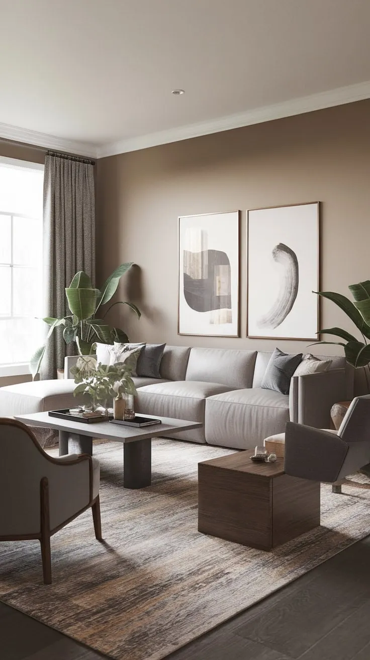 Unwind in this serene living room, where comfort meets contemporary style. The soft gray sectional, plush armchairs, and carefully curated artwork create a haven of tranquility. A perfect space for quiet evenings and meaningful conversations.