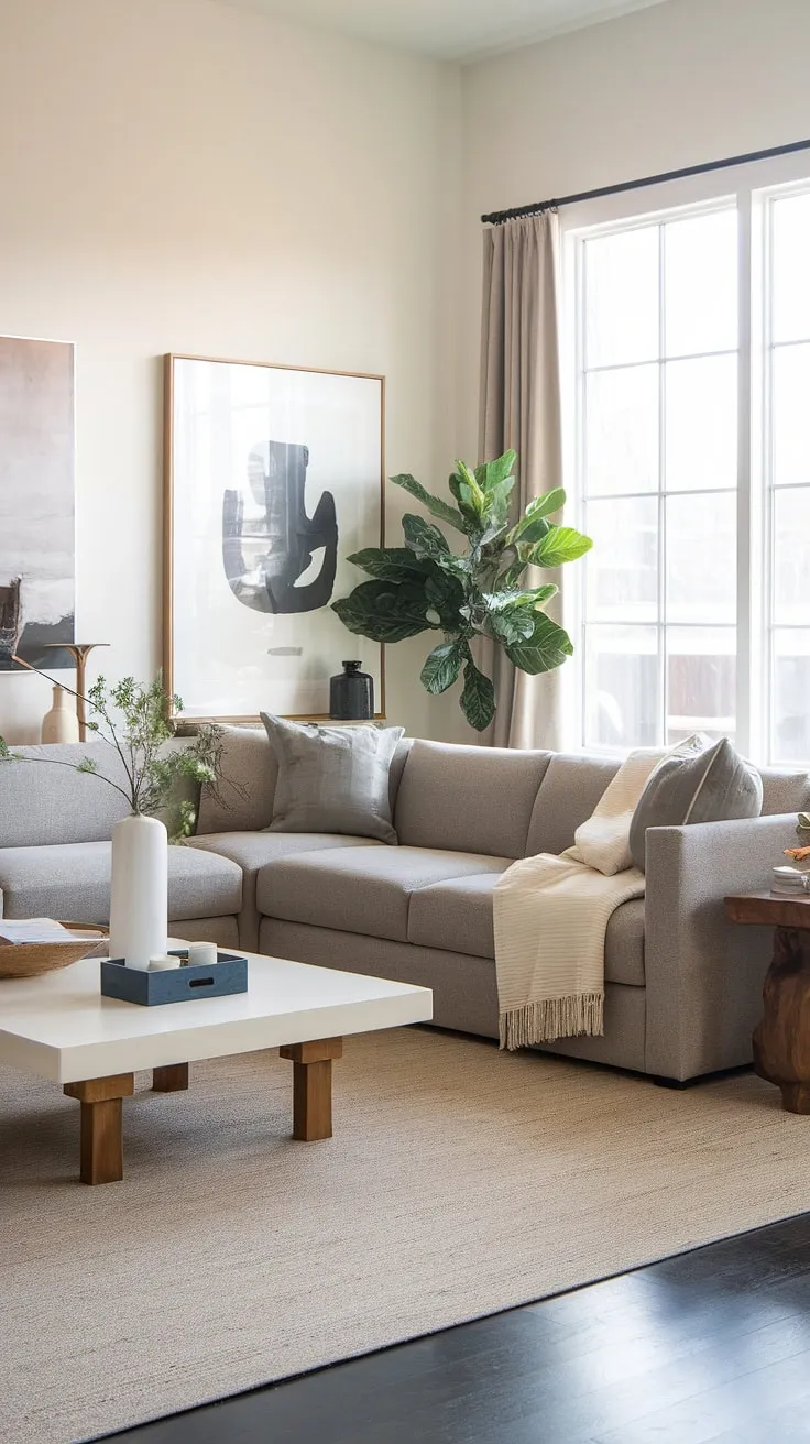 This modern transitional living room effortlessly blends comfort and style. The gray sectional sofa anchors the space, complemented by a white coffee table and warm beige rug. Natural light floods the room, highlighting the carefully chosen artwork and creating a serene and welcoming atmosphere. A testament to understated elegance.