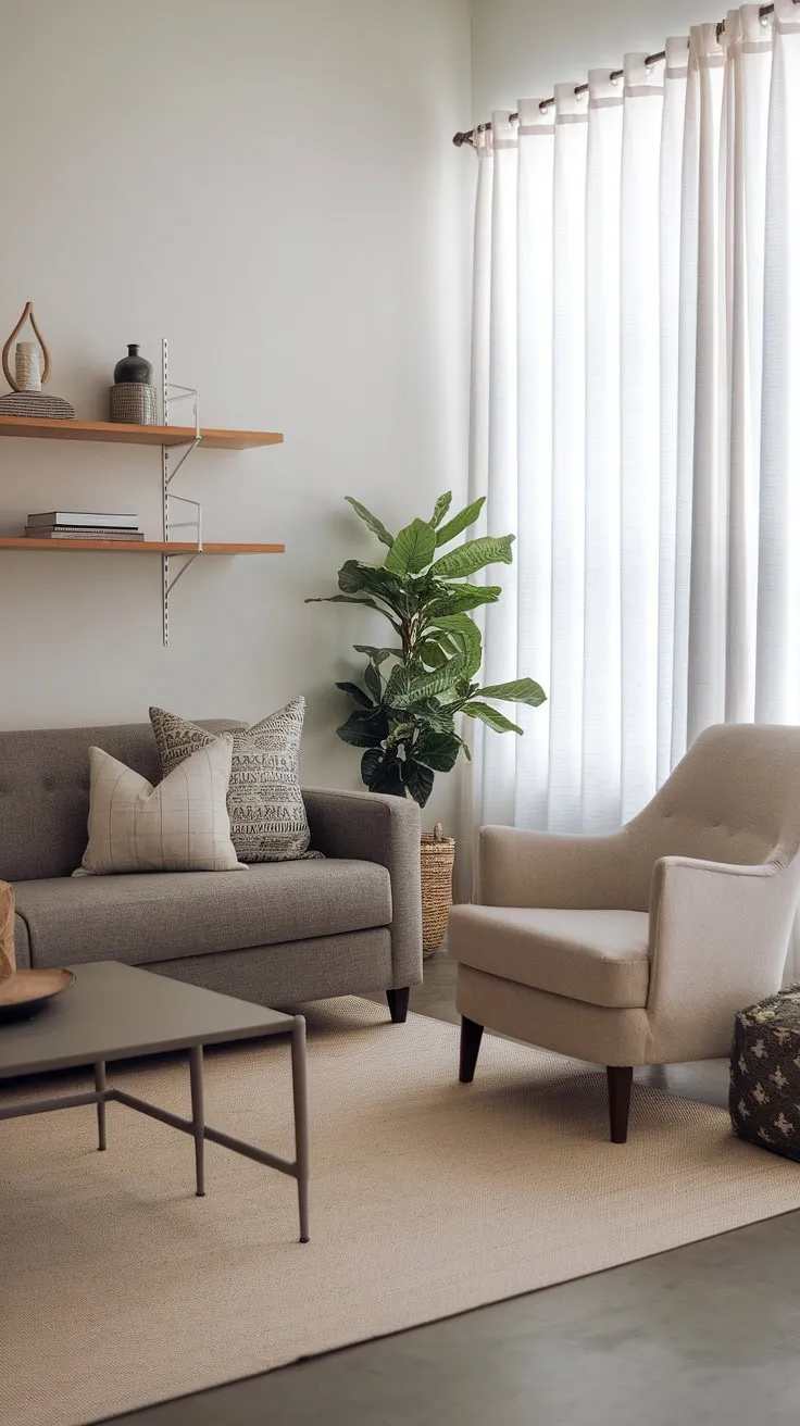Sunlight streams through the sheer curtains, illuminating the calming grey sofa and beige armchair in this modern transitional living room. The wooden shelf adds warmth, perfectly complementing the neutral palette and potted plant, creating a space that's both stylish and serene. A perfect blend of comfort and contemporary design.