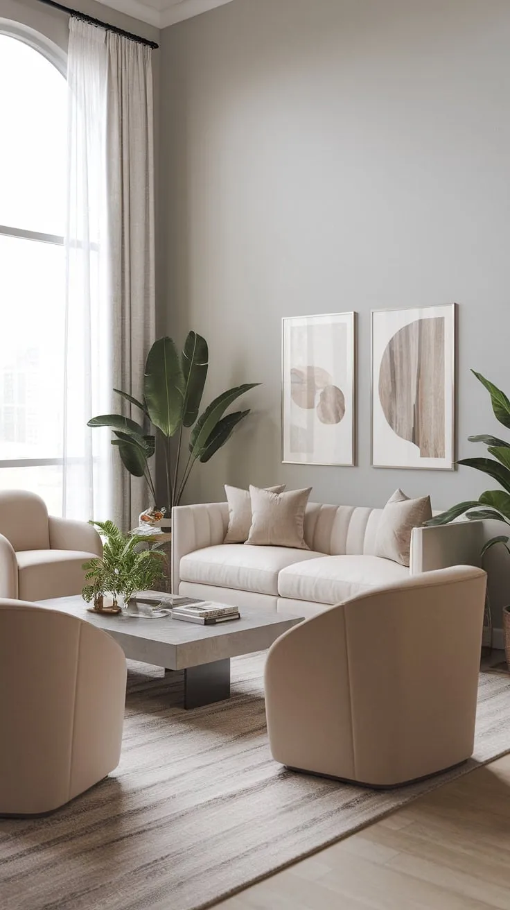 This transitional living room effortlessly blends modern lines with a touch of classic elegance. The soft beige furniture, complemented by the light gray walls and abundant natural light, fosters a sense of tranquility and understated luxury. A haven of peace and refined style.