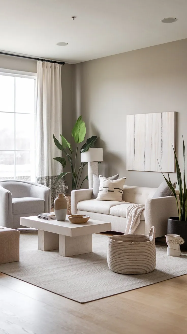 Serene and sophisticated, this living room's neutral palette creates a calming atmosphere. The interplay of textures, from the soft beige sofa to the woven basket, adds visual interest and warmth, while the strategic placement of plants brings life and vibrancy to the space. A perfect example of modern transitional design.