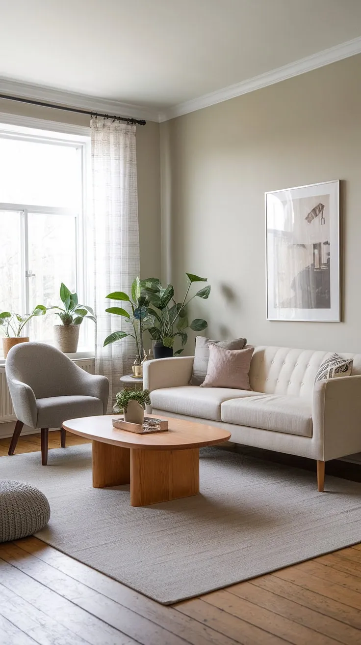 This modern transitional living room effortlessly balances sophistication and comfort. The light grey walls, warm wood floors, and carefully chosen furniture create a space that is both stylish and inviting. A testament to the power of understated elegance.