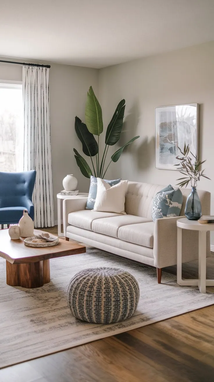 Serene and sophisticated, this living room effortlessly blends modern and transitional styles. The calming grey walls, warm wood floors, and comfortable seating create a space perfect for relaxation and conversation. A touch of blue adds a vibrant accent, while the lush greenery brings the outdoors in.