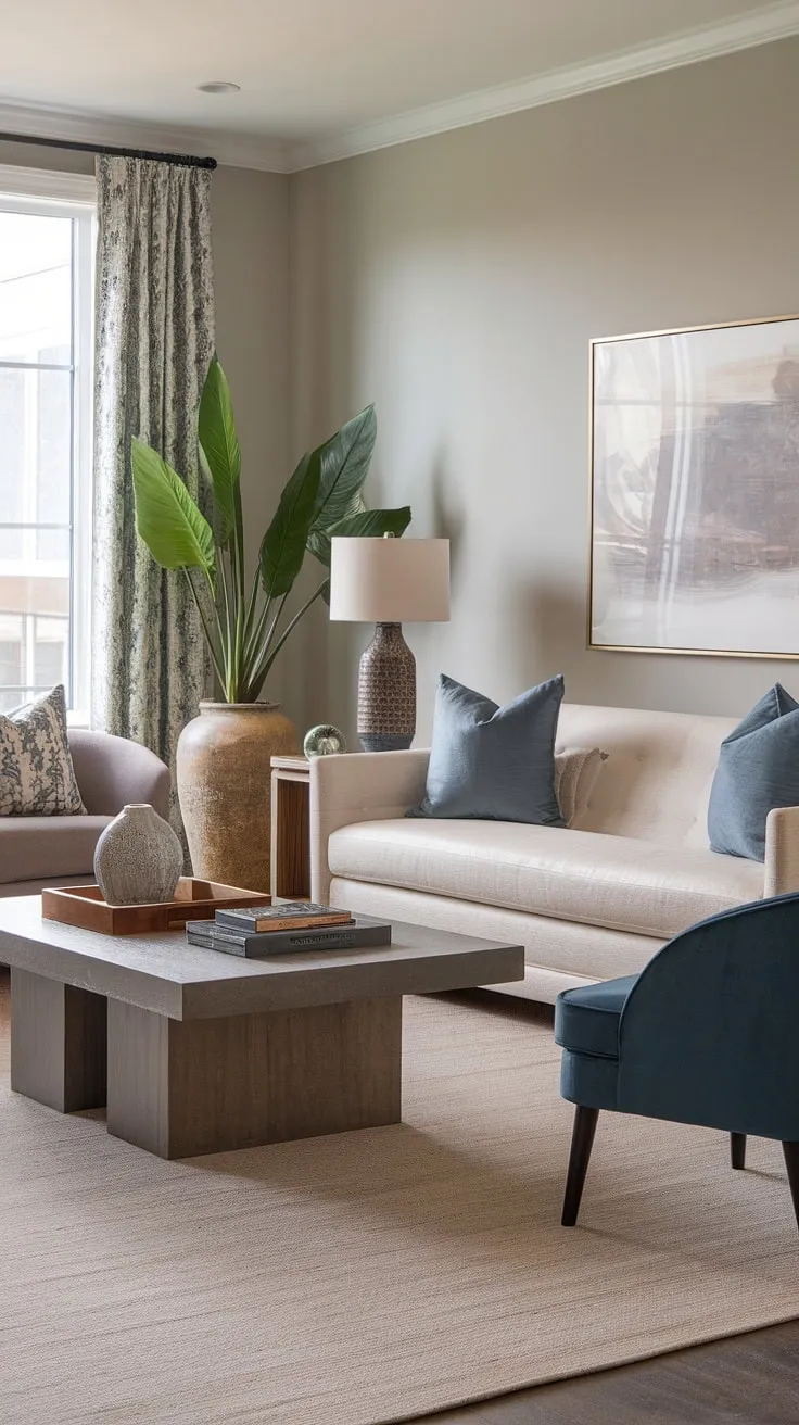 Serene and sophisticated, this living room effortlessly blends modern and transitional styles. The calming neutral palette, punctuated by the rich blue accent chair, creates a space that's both stylish and inviting. A large, healthy plant adds a touch of nature, completing the tranquil atmosphere.