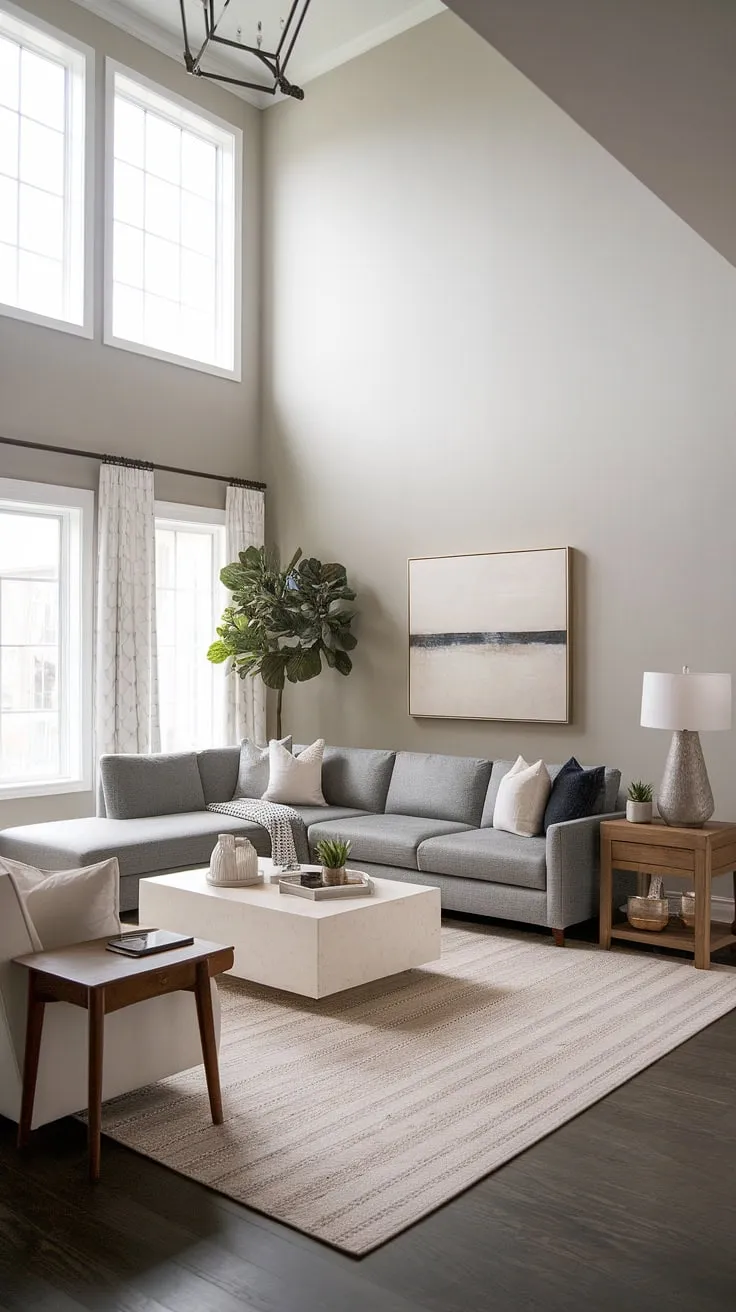 High ceilings and calming grays create a sophisticated sanctuary in this modern transitional living room. The spacious layout, anchored by a comfortable gray sectional, invites relaxation and effortless style. A perfect blend of form and function.