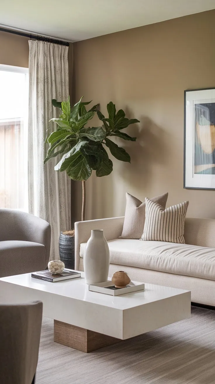 Neutral tones and clean lines create a serene atmosphere in this transitional living room. The beige sofa, complemented by a gray accent chair and a touch of greenery, offers a calming and sophisticated space for relaxation. A simple white coffee table anchors the room, showcasing a few carefully chosen decorative items.