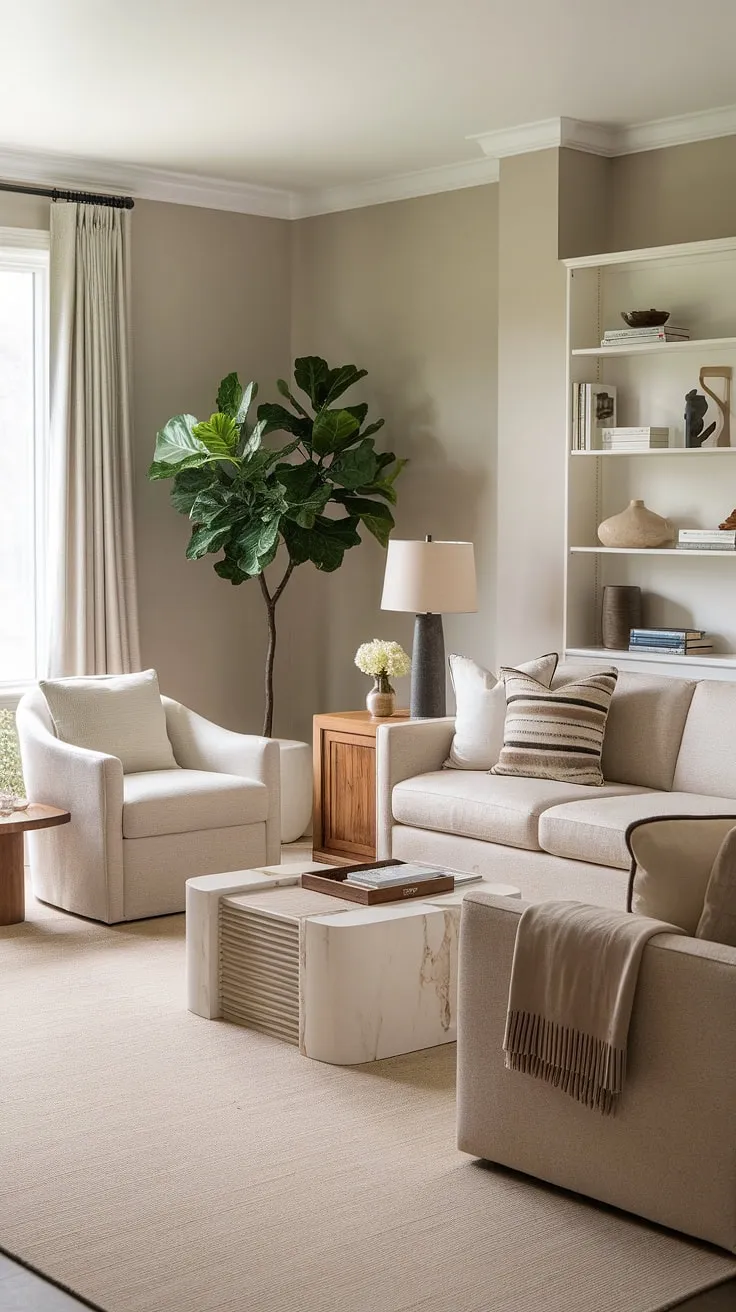 Light grey walls and a beige rug set the stage for this inviting living room. The carefully curated furniture, including the white coffee table and wooden accents, speaks to a refined aesthetic. A sense of calm and understated elegance pervades the room, making it the perfect space for relaxation and connection.