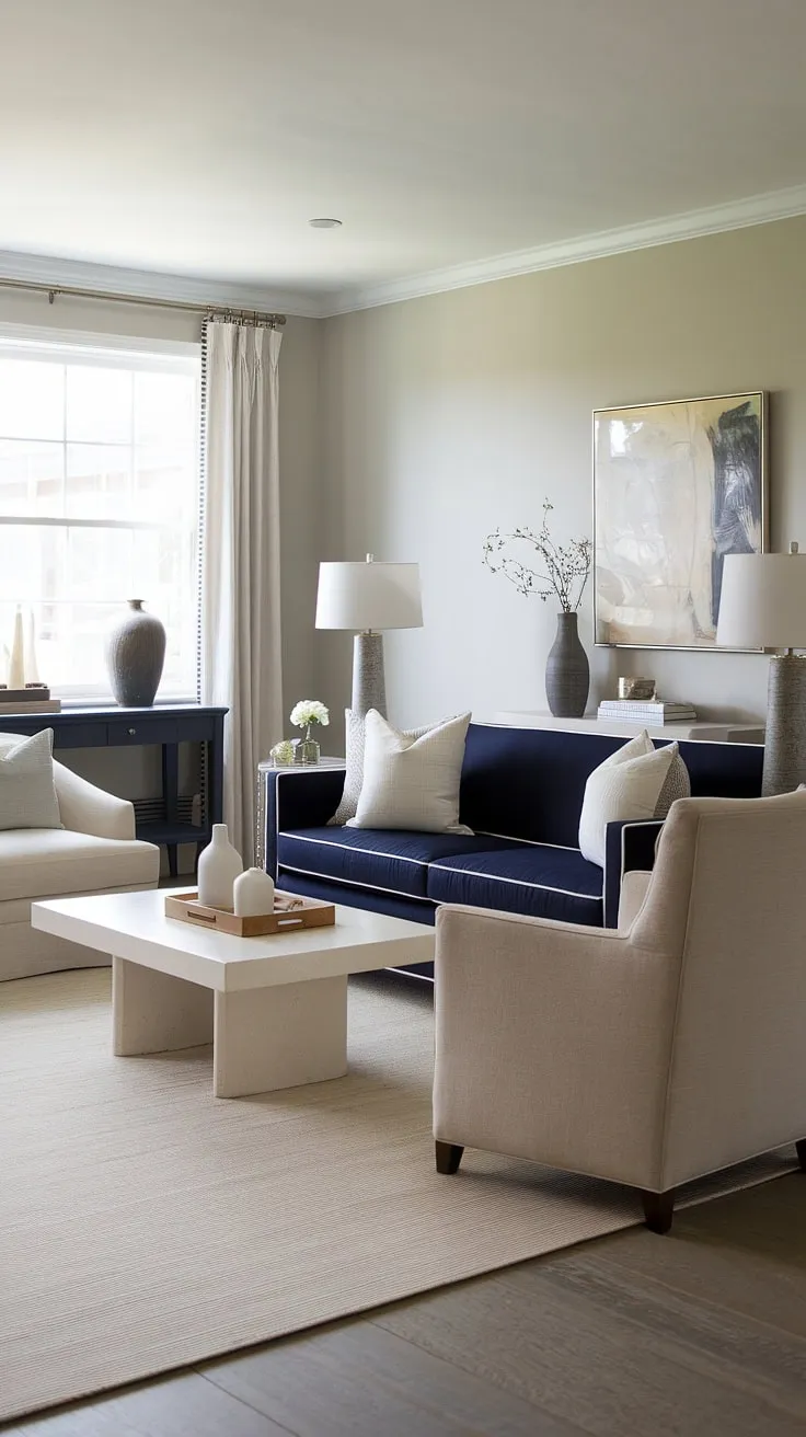 This light-filled living room effortlessly blends modern and transitional design elements. The airy grey walls and warm wood floors provide a beautiful backdrop for the navy blue sofa and complementary beige accents. The carefully curated details, from the elegant console table to the plush seating, create a space that's both stylish and incredibly comfortable.