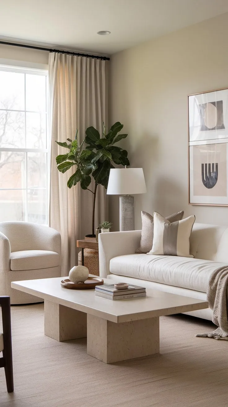 This thoughtfully designed living room showcases the beauty of simplicity. The neutral color scheme, complemented by carefully chosen furniture and artwork, results in a space that is both stylish and incredibly relaxing. A sanctuary for quiet contemplation and comfortable living.