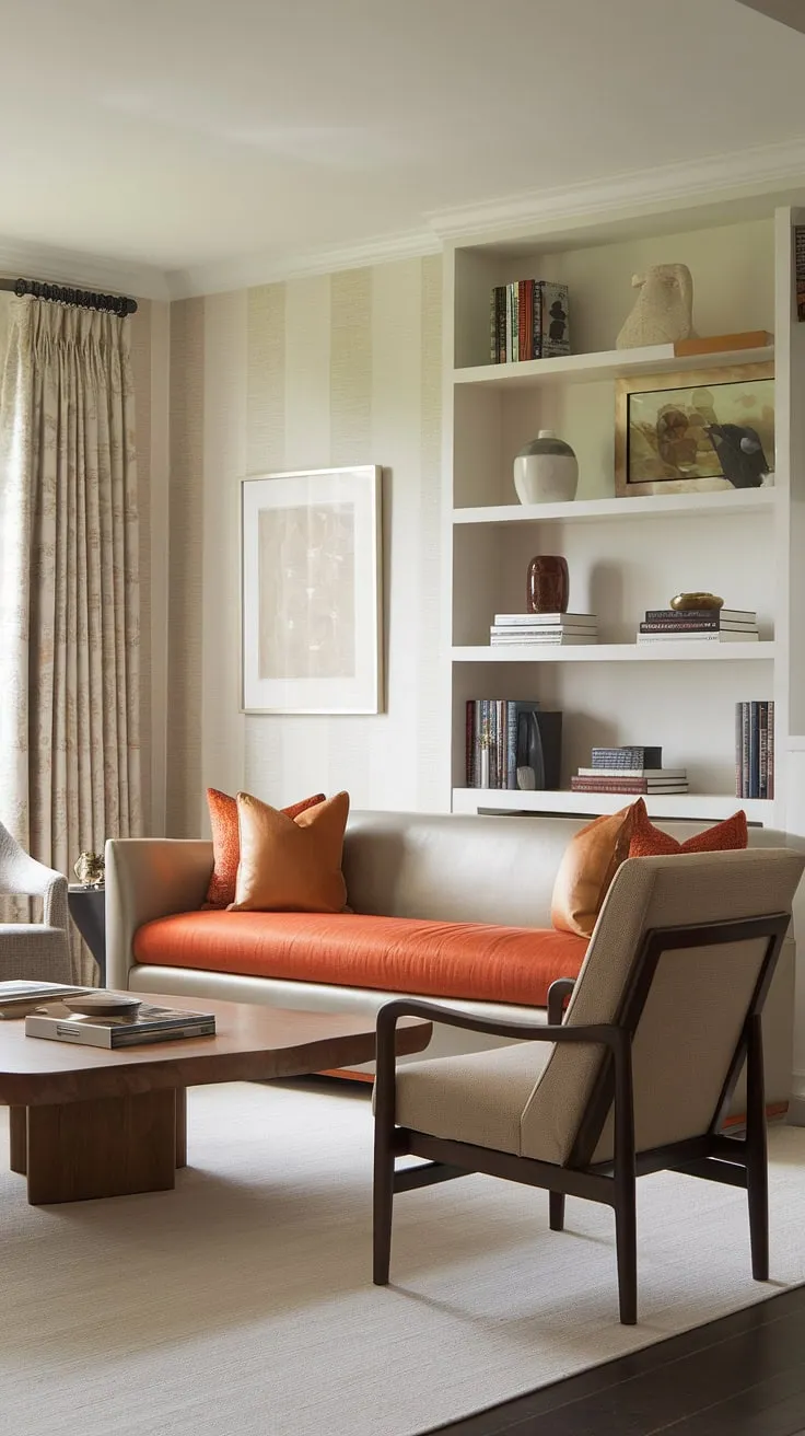 Warmth and style converge in this beautifully appointed living room. The neutral palette, punctuated by the vibrant orange cushions, creates a welcoming atmosphere. The carefully curated details, from the books on the shelf to the carefully chosen seating arrangement, speak to a refined and inviting aesthetic.
