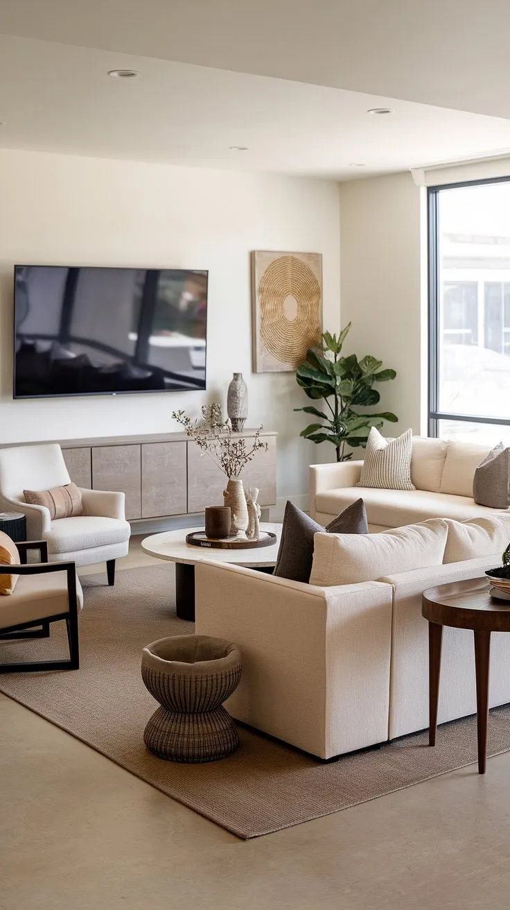 This modern transitional living room seamlessly blends style and comfort. The spacious layout, anchored by a plush beige sectional, offers ample room for relaxation and conversation. A carefully curated selection of art and plants adds personality, creating A truly inviting home.
