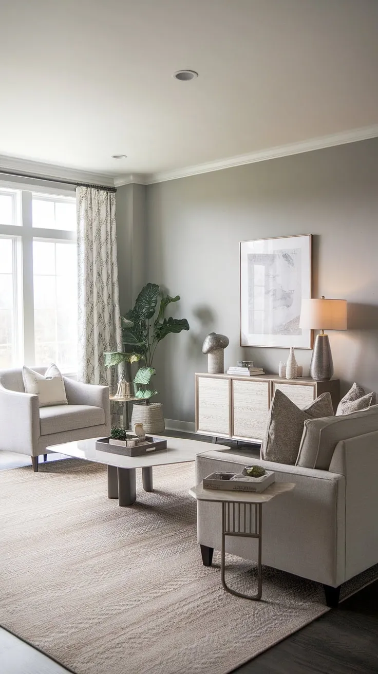 This transitional living room effortlessly blends modern aesthetics with cozy comfort. The neutral color palette, punctuated by subtle patterns in the rug and decorative accents, creates a sophisticated and inviting atmosphere. Natural light floods the space, highlighting the thoughtful arrangement of furniture and creating a truly tranquil retreat.