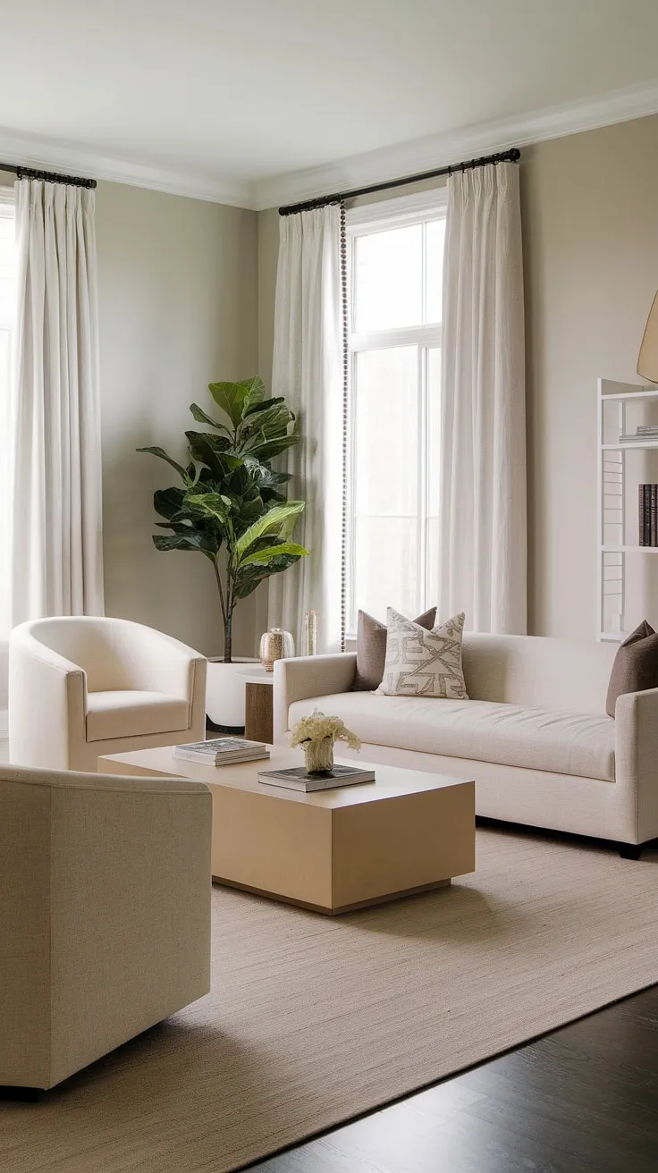 Serene and sophisticated, this living room's neutral palette creates a calming atmosphere. The soft beige tones of the furniture, complemented by the light grey walls and a touch of greenery, offer a sense of understated elegance. A perfect blend of modern and transitional design, it's a space designed for relaxation and comfortable living.