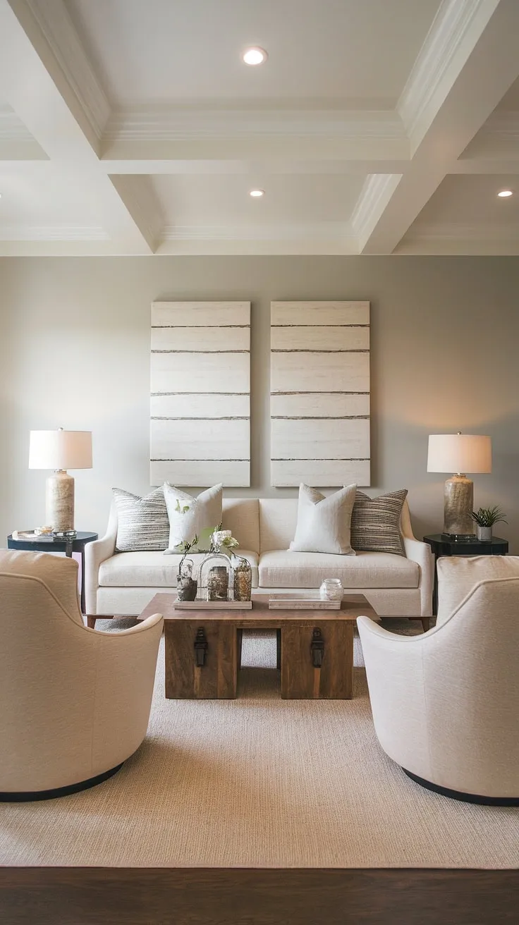 Serene and sophisticated, this transitional living room effortlessly blends comfort and style. The neutral palette, anchored by the warm wood tones of the coffee table, creates a calming atmosphere perfect for relaxation and conversation. A subtle elegance permeates the space, showcasing the beauty of understated design.