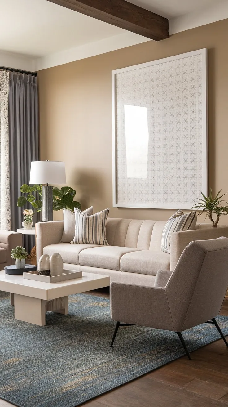 This living room effortlessly blends modern and transitional styles. The neutral palette, anchored by a plush beige sofa and a cool gray accent chair, is beautifully complemented by the vibrant blue rug. A statement piece of art adds visual interest, while carefully chosen accessories, including a potted plant and decorative objects, complete the look. The exposed wooden beam adds a touch of rustic charm, creating a space that's both stylish and warm.