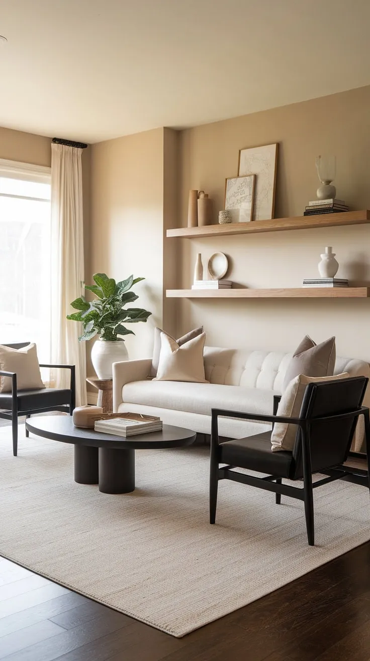 This modern transitional living room effortlessly blends comfort and style. The carefully curated palette of beige, black, and wood creates a sophisticated and inviting space. A feeling of calm and tranquility is achieved through the thoughtful arrangement of furniture and decor.