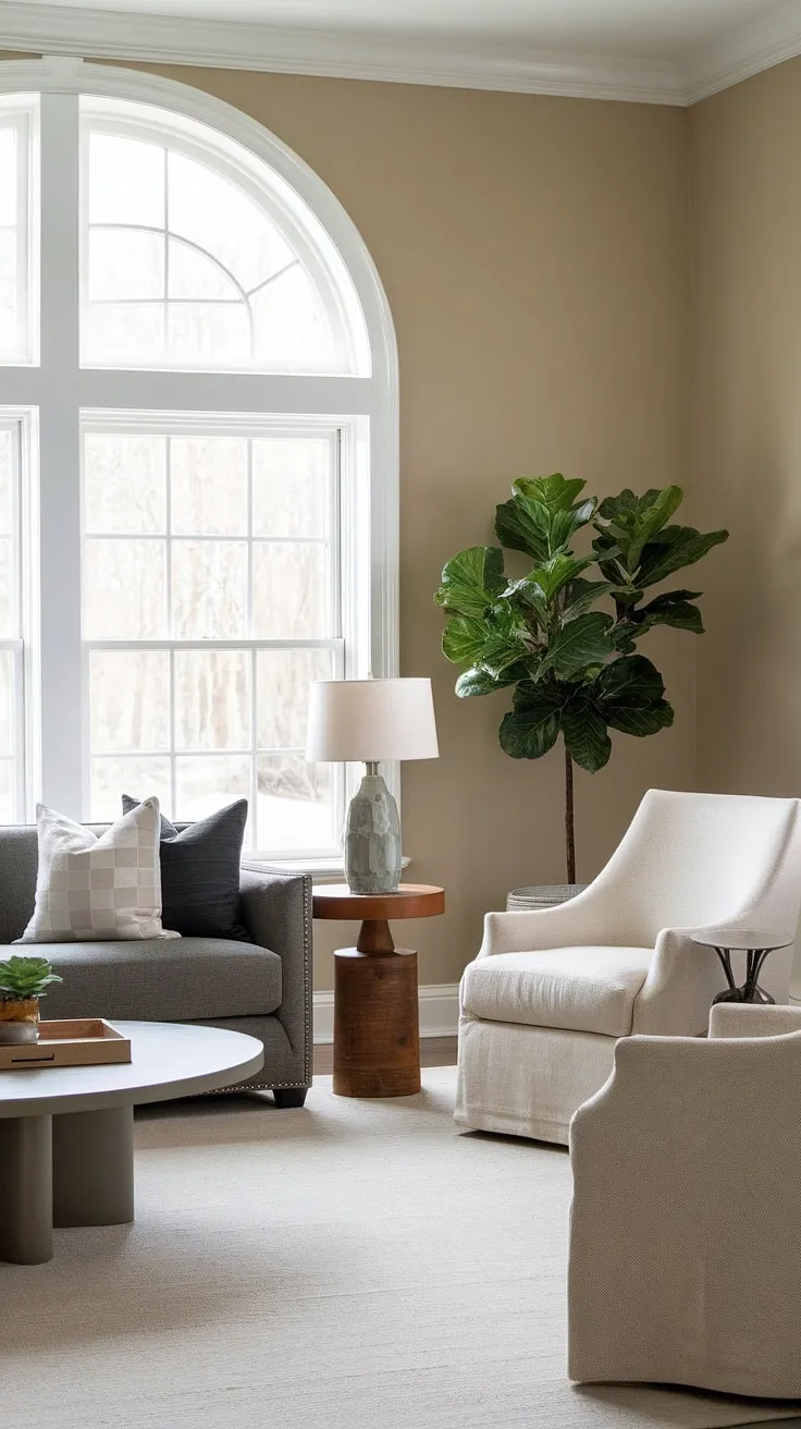 Sunlight streams through the arched window, illuminating the calming neutral tones of this modern transitional living room. The gray sofa and beige armchair, complemented by the round coffee table and potted plant, create a space that's both stylish and inviting. A perfect blend of comfort and contemporary design.