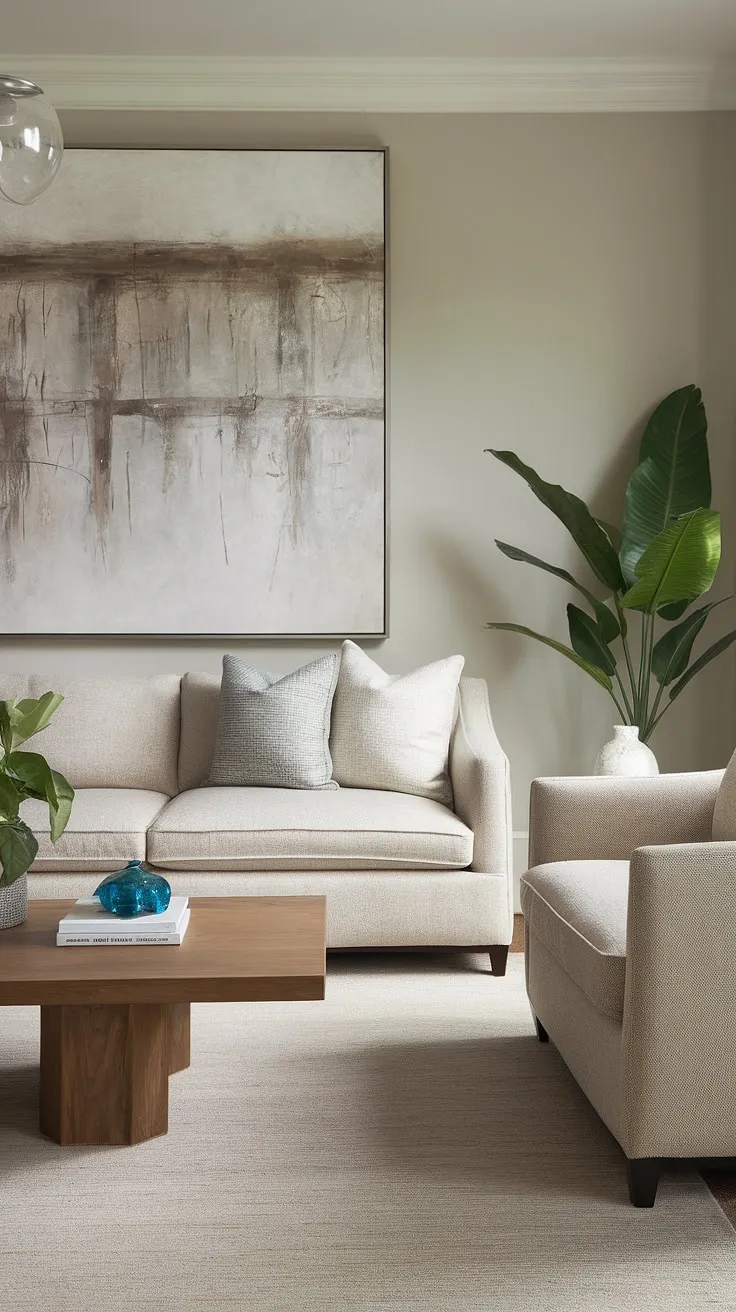 Serene sophistication defines this living room. The neutral palette, punctuated by subtle pops of green and blue, creates a calming atmosphere perfect for relaxation and conversation. The abstract artwork adds a touch of personality, while the comfortable seating invites you to unwind. A sense of understated elegance permeates the space.