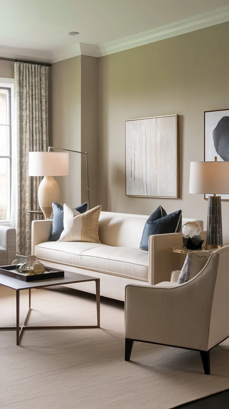 Soft grey walls and creamy textures create a haven of calm in this transitional living room. The subtle interplay of light and shadow, enhanced by the strategically placed floor and table lamps, a perfectly complements the understated elegance of the furniture.