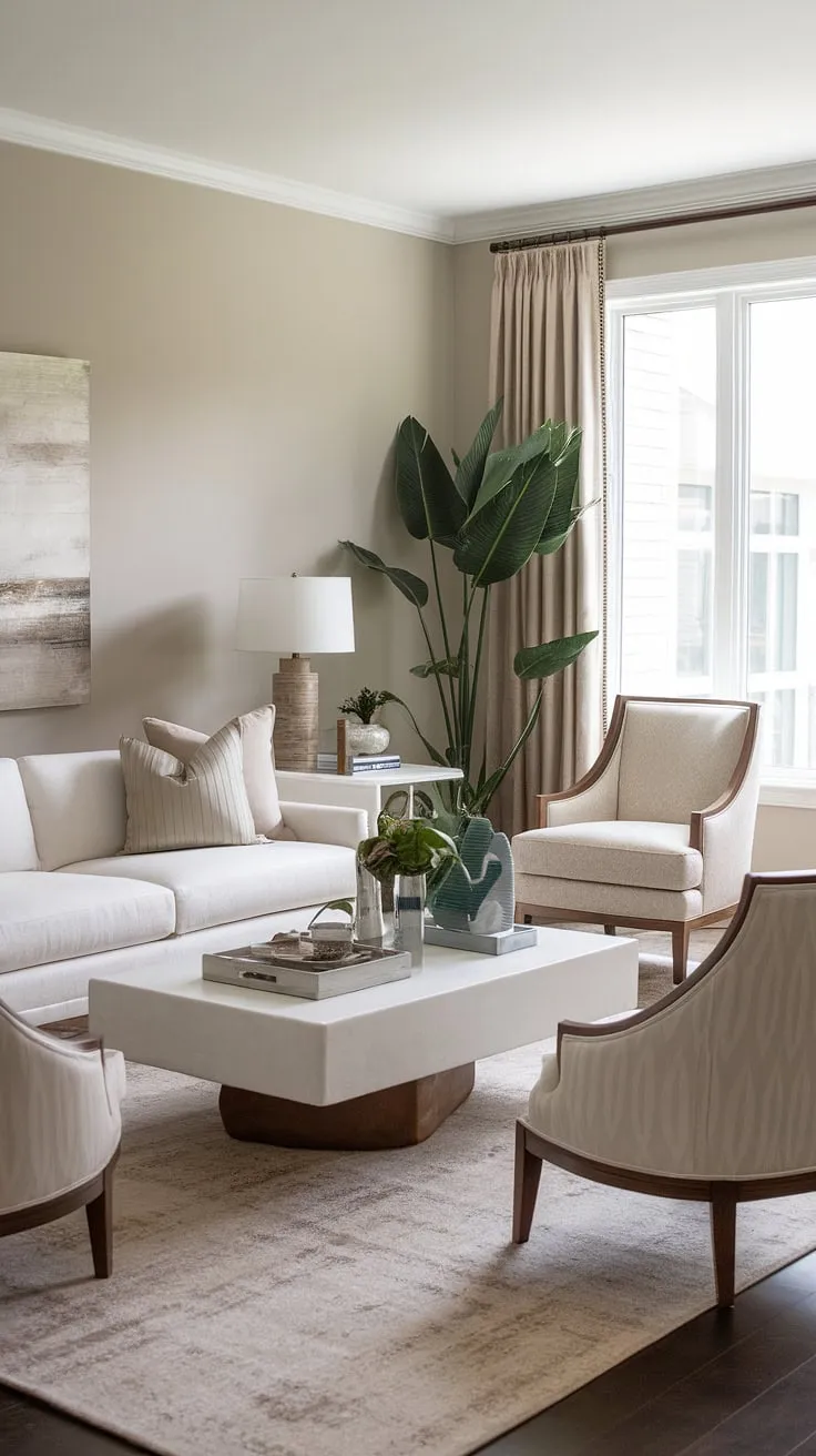 Serene and sophisticated, this living room effortlessly blends modern lines with transitional elegance. The soft grey walls, plush white sofa, and warm beige accents create a calming atmosphere, perfect for relaxation and effortless entertaining. A statement plant adds a touch of nature, completing this tranquil haven.