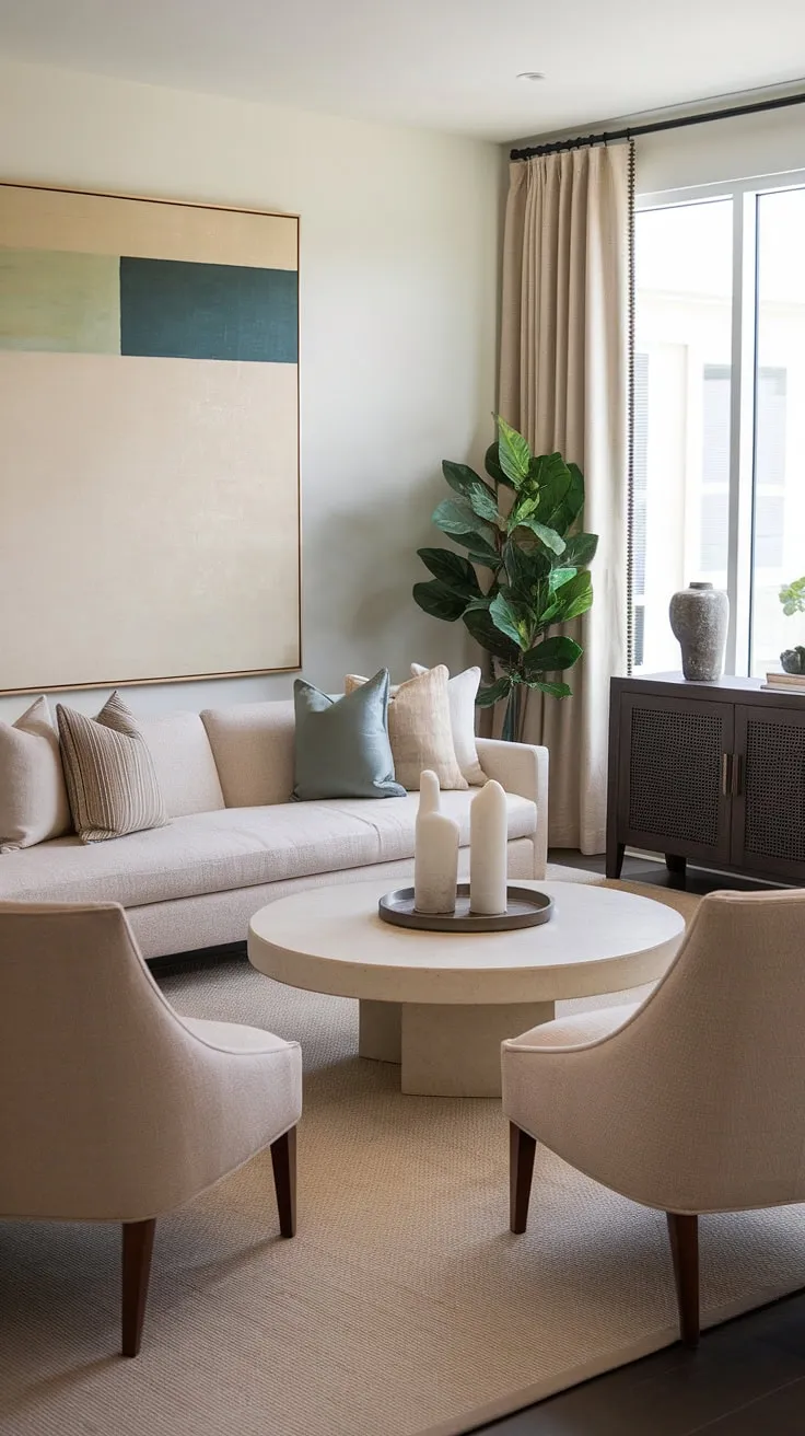 This thoughtfully designed living room seamlessly blends modern and transitional styles. The neutral color scheme, anchored by the beige sofa and gray loveseat, is elevated by the abstract artwork and the subtle warmth of the wooden accents. A space where comfort and style coexist beautifully, creating an atmosphere of understated elegance.