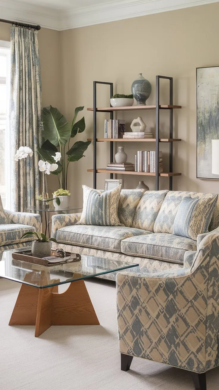 Serene sophistication meets comfortable living. The subtle blue and beige tones of the seating create a calming atmosphere, perfectly complemented by the natural wood and glass accents. A touch of greenery adds a vibrant finishing touch to this thoughtfully designed space.