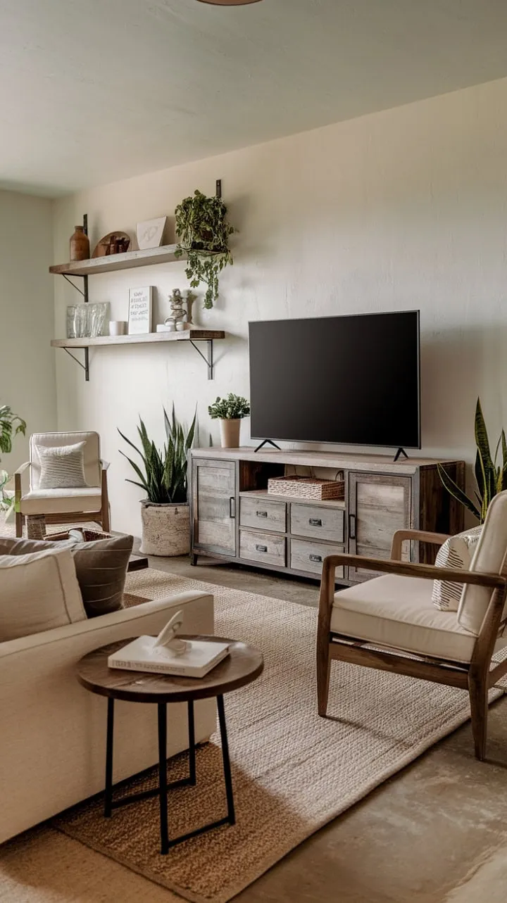 This living room harmoniously fuses modern elegance with rustic charm, creating a serene retreat for relaxation.
