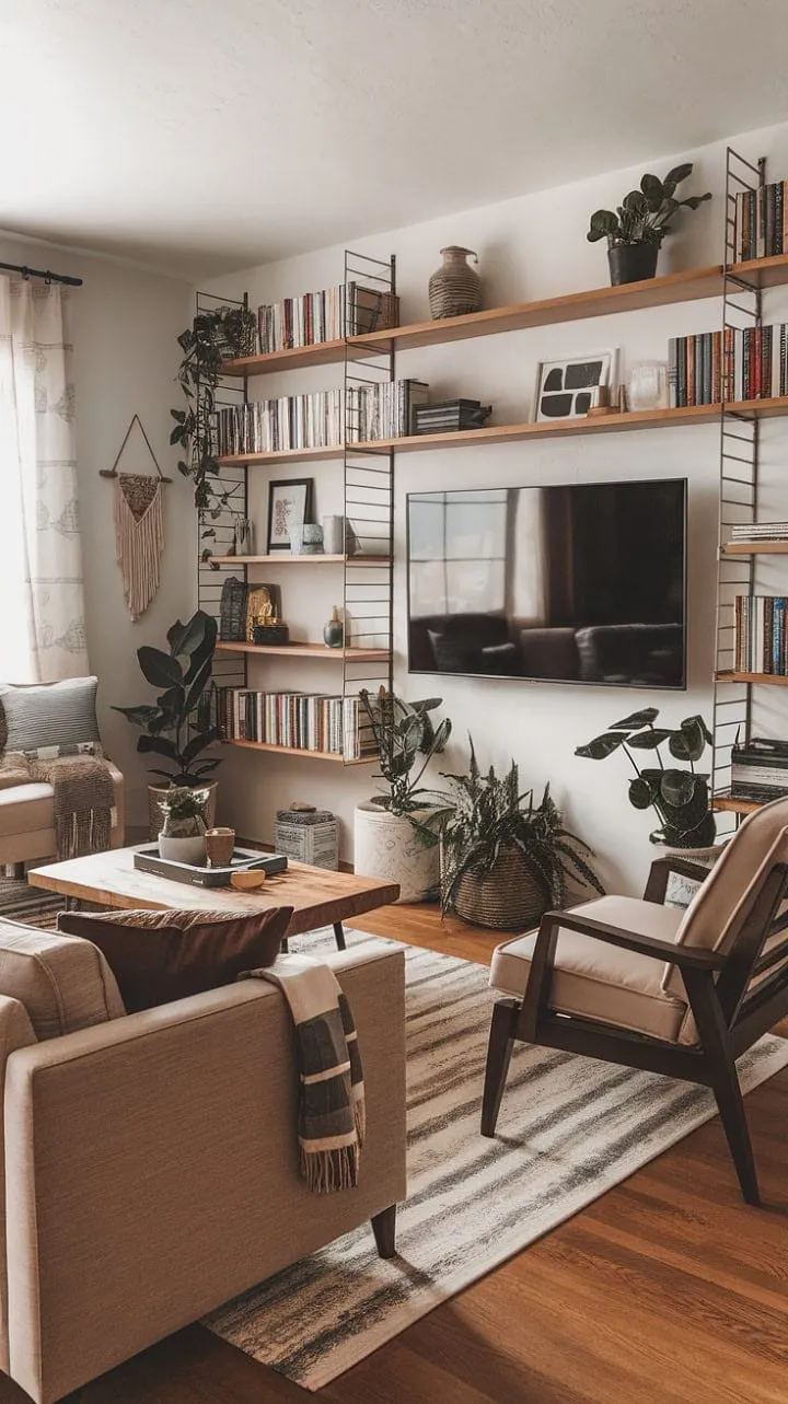 This living room masterfully combines cozy rustic elements with sleek modern design, creating an inviting yet stylish retreat.
